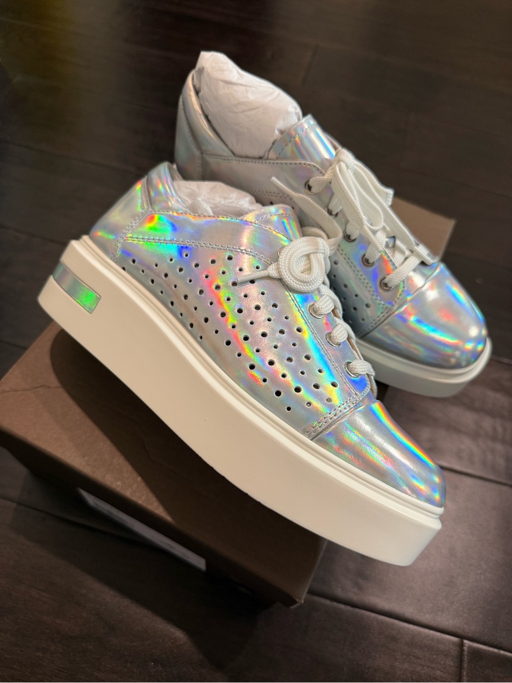 Línea Paolo all Leather Women's Holographic Platform Sneakers, leather lined